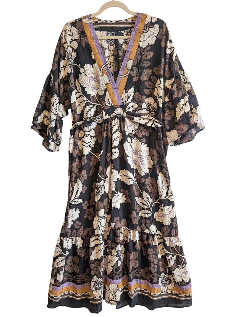 Floral Maxi Kimono Dress With Belt Wrap Tiered Boho Festival Black Brown Earthy